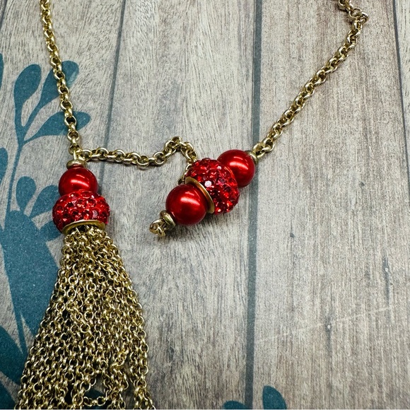 Monet Gold Red Bead‎ Station Tassel Necklace B4 - Picture 2 of 3